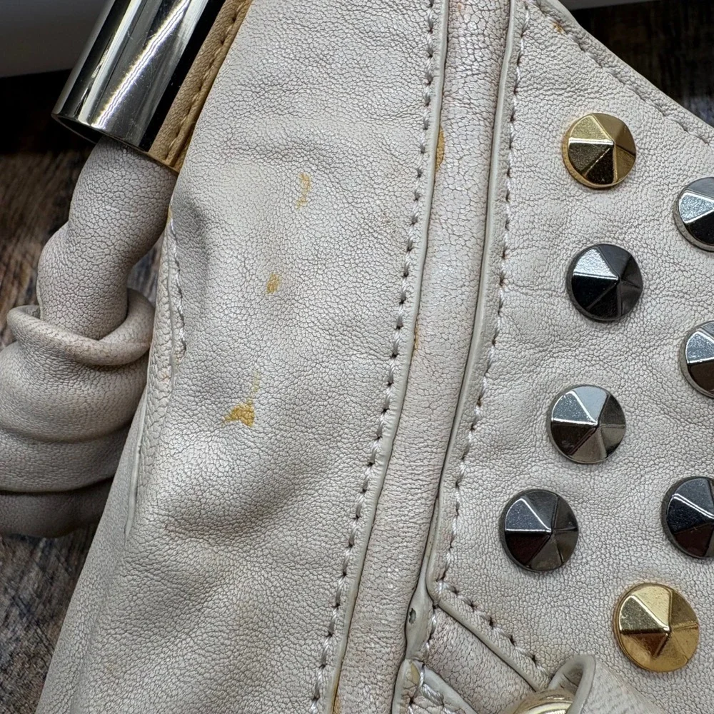 Tre Vero Cream Leather Studded Hobo Bag Mixed Metal Chain Strap Shoulder Bag